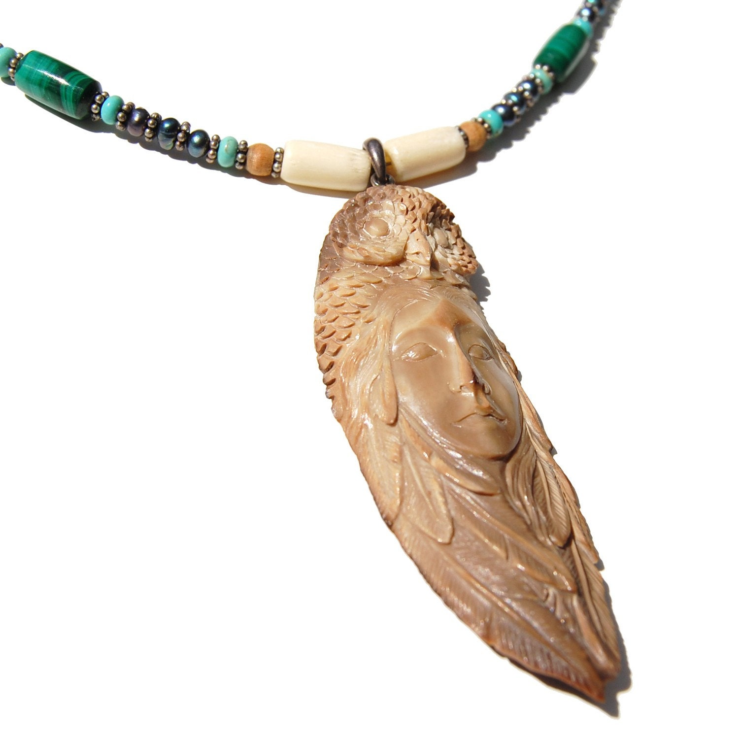Genuine Carved Antler and Gemstone Necklace