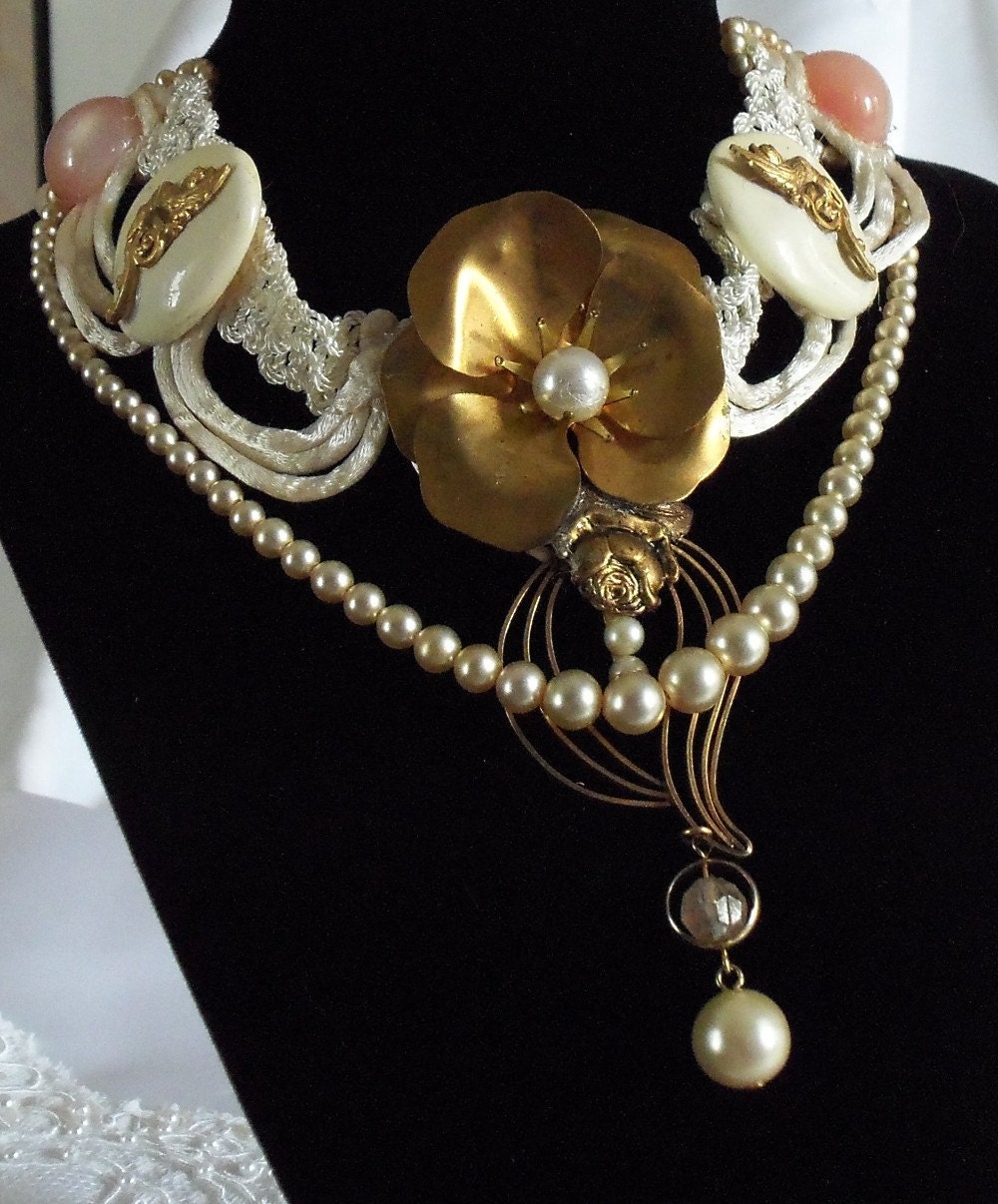 Steampunk bridal necklace, vintage silk, brass, gems pearl beads, angels, brass flower, OOAK LAYAWAY PLANS