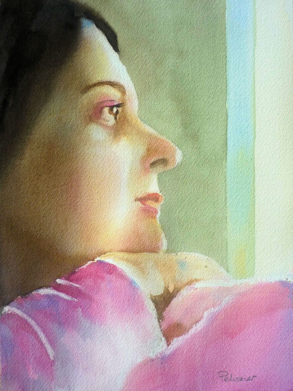 Self portrait at the window, High Quality Art Print, watercolor on paper, sandrine pelissier