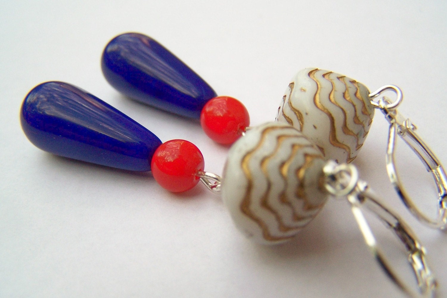 Nautical Earrings - Buoys - Red, White & Blue Czech Glass Beads on Leverbacks - Beach Jewelry
