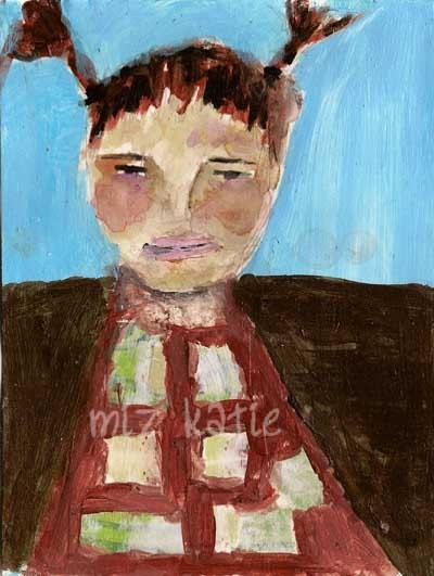 Girl wearing brown patchwork dress - Plain Jane Original painting No. 22