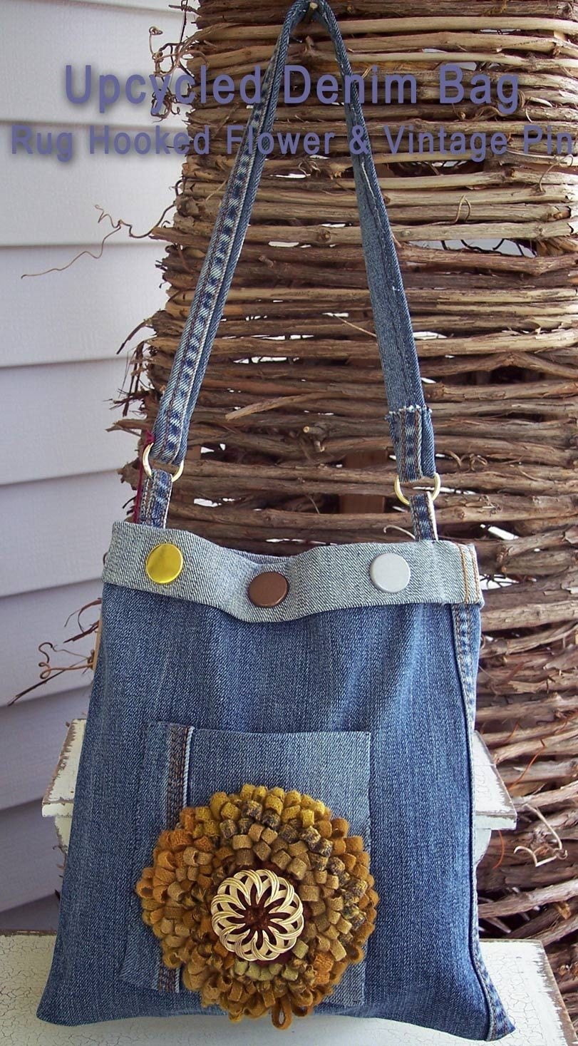 Upcycled Denim Bag- Recycled Jeans with Rug Hooked Flower