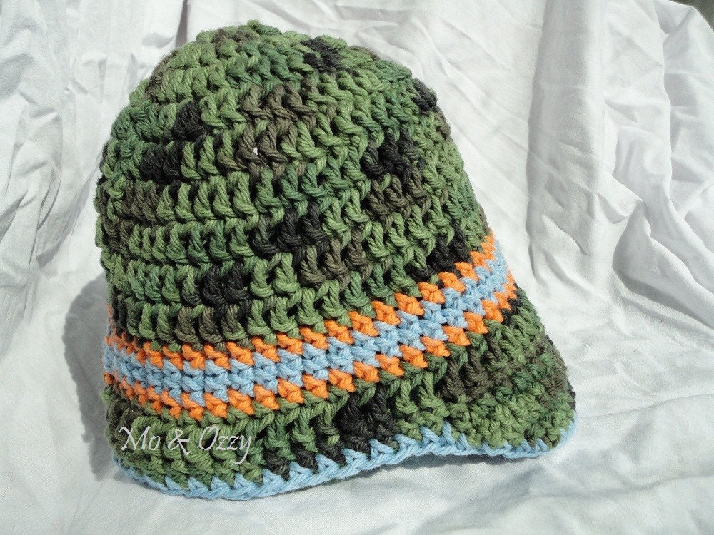 Free Shipping- Toddler Boys Crochet Visor Sun Hat with Brim - Green Camo with Blue and Orange