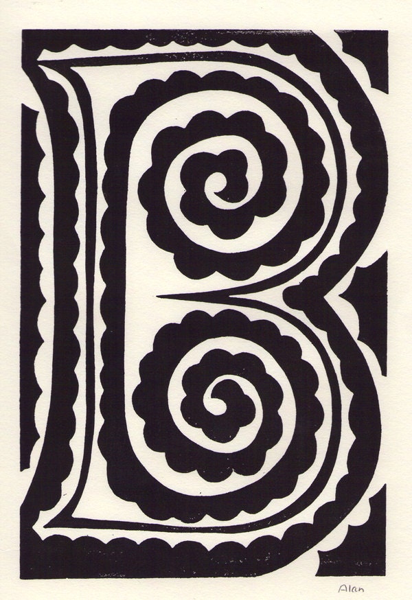B is for the letter B. Linocut.