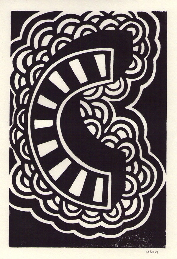 C is for the letter C. Linocut.