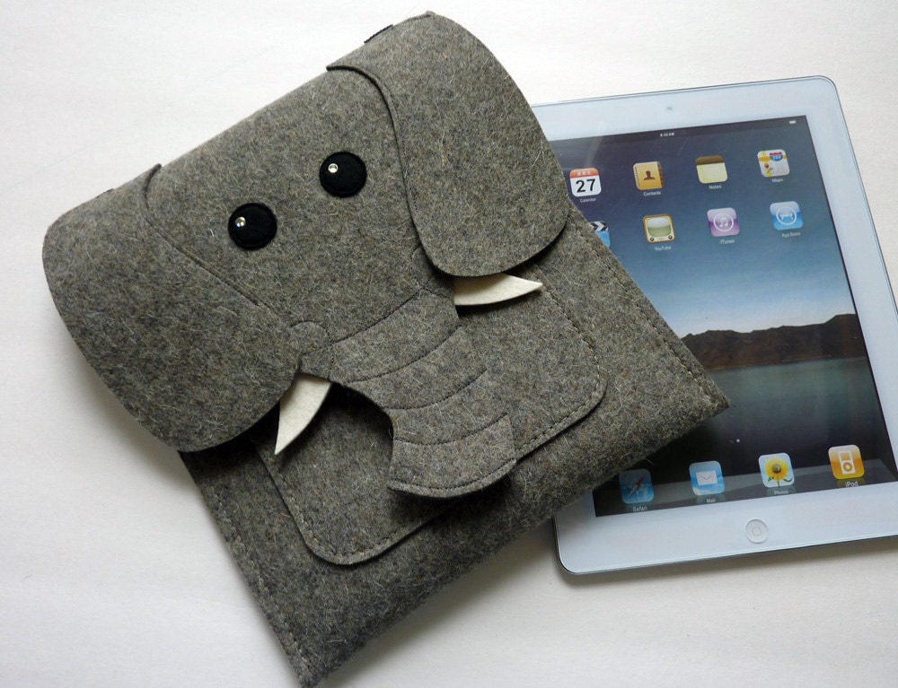 Elephant iPad 2 sleeve - Gray felt - MADE TO ORDER