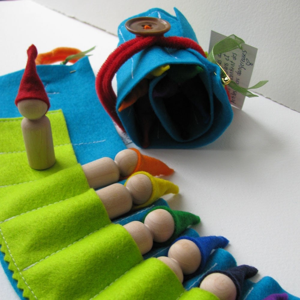 Waldorf  toys  - Travelling roll-up rainbow gnome -