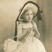 Knitting little Girl Bo Peep Hat rosettes on Gown sepia vintage photo