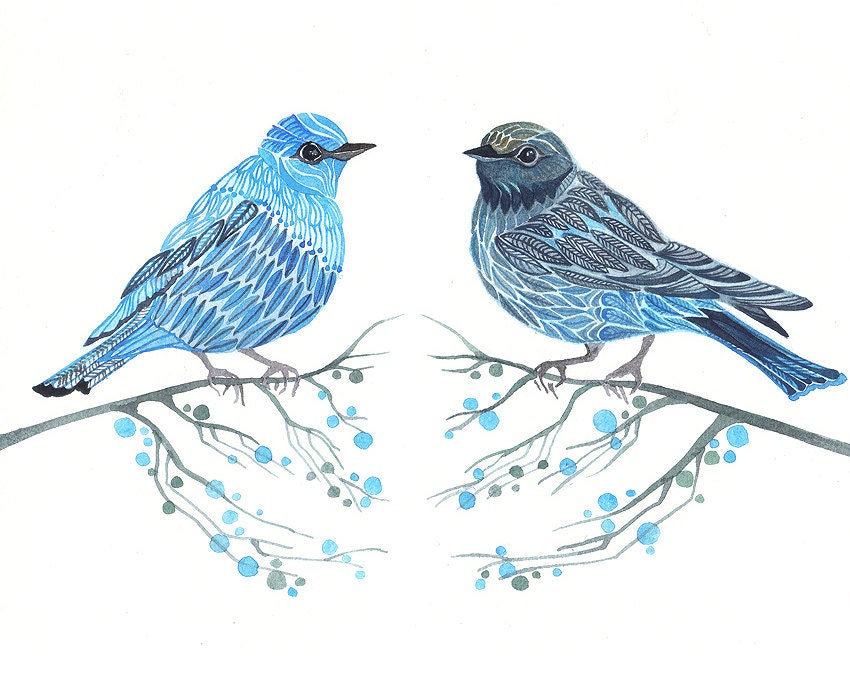 Blue birds couple art print, size 10x8, SALE buy 2 get 1 free, winter art