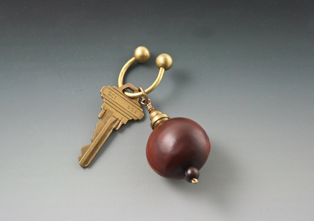 Amulet Key Ring - Natural Seed from the Amazon Rainforest and Brass
