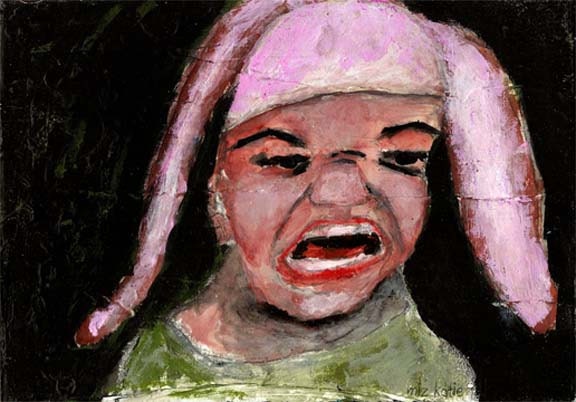 Angry Boy Wearing Rabbit Ears - original mixed media 5x7 painting