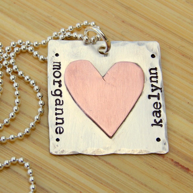 Handstamped Sterling Children's Name Necklace with Copper Heart
