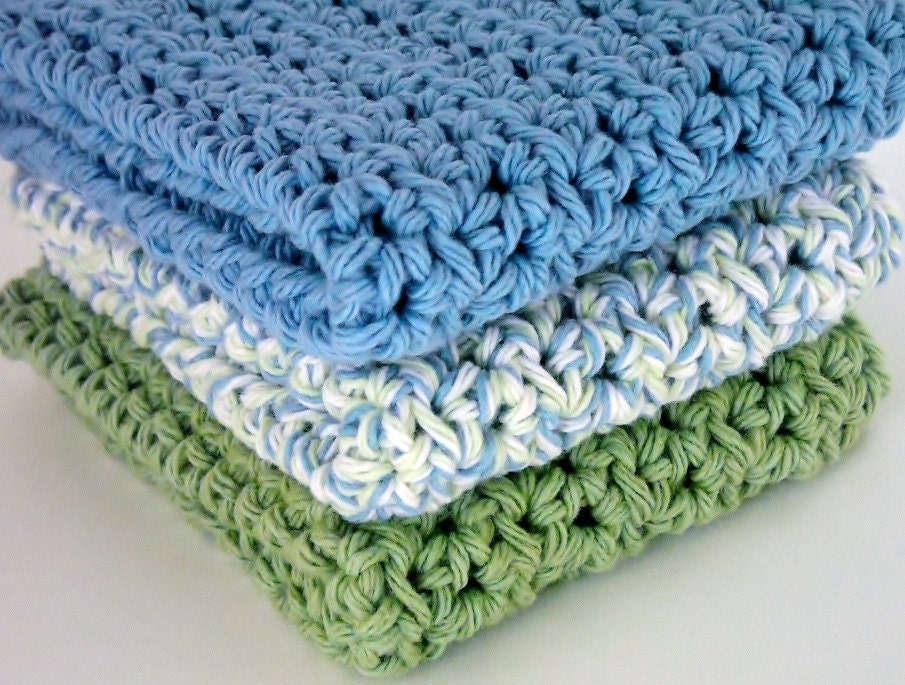Kitchen Dishcloths Crochet Cotton Green and Blue Handmade Set of 3