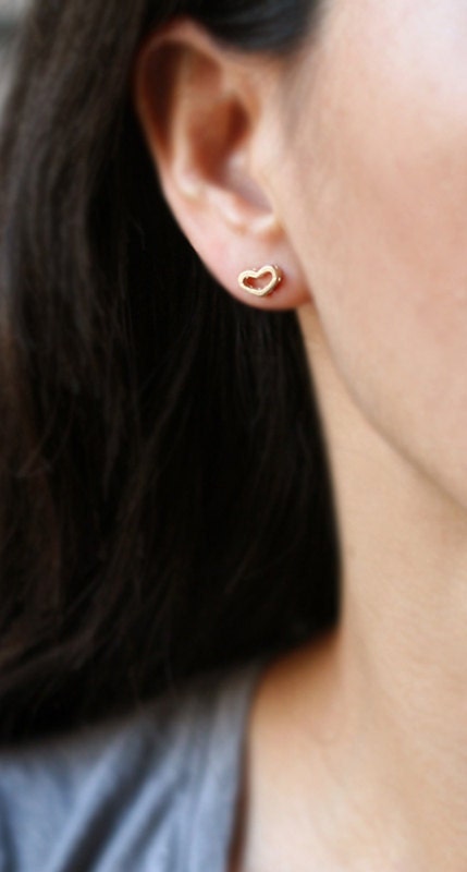 Open Heart Stud Earrings with Holes in 14k Gold