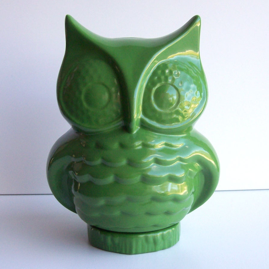 Ceramic Owl Planter Vintage Design Grass Green