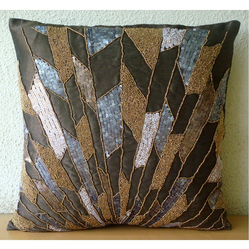 Glamorous Splash - Throw Pillow Covers - 16x16 Inches Silk Pillow Cover Embroidered with Different Sequins & Beads