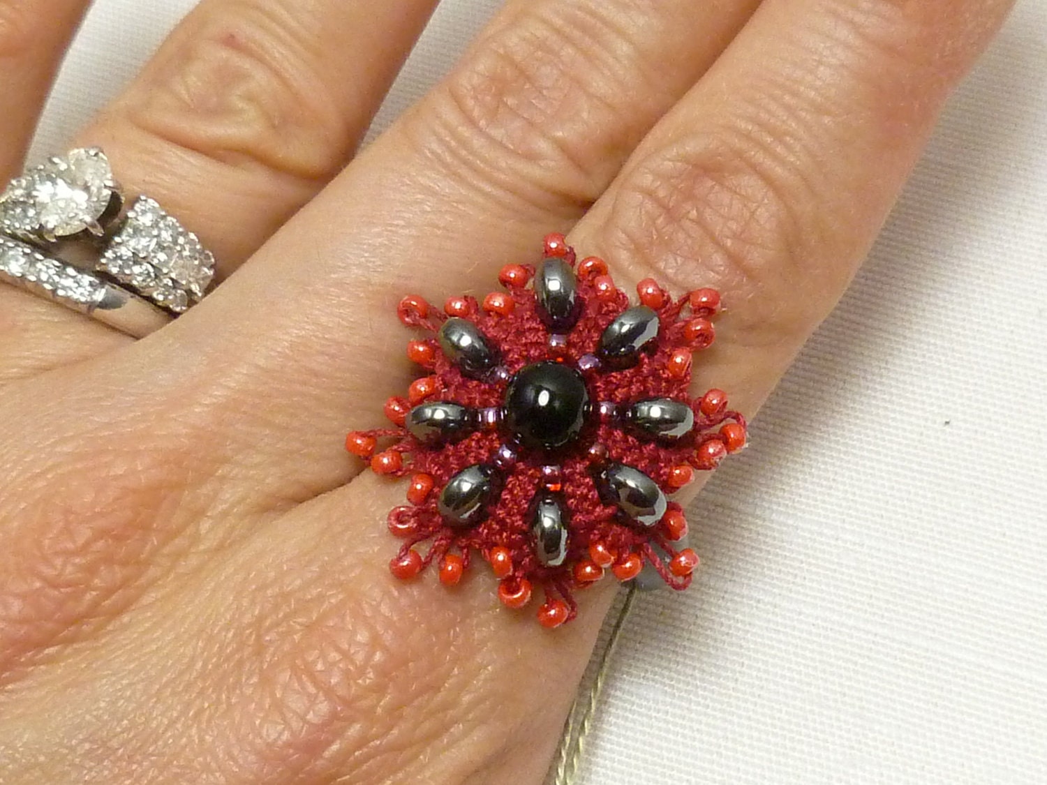 Lace Tatted Cocktail Ring -Red Flair with Hematite and Czech glass