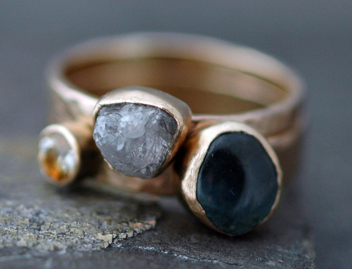 Custom 14k Gold Stacking Engagement and Wedding  Ring Set- Rough and Cut Gemstones