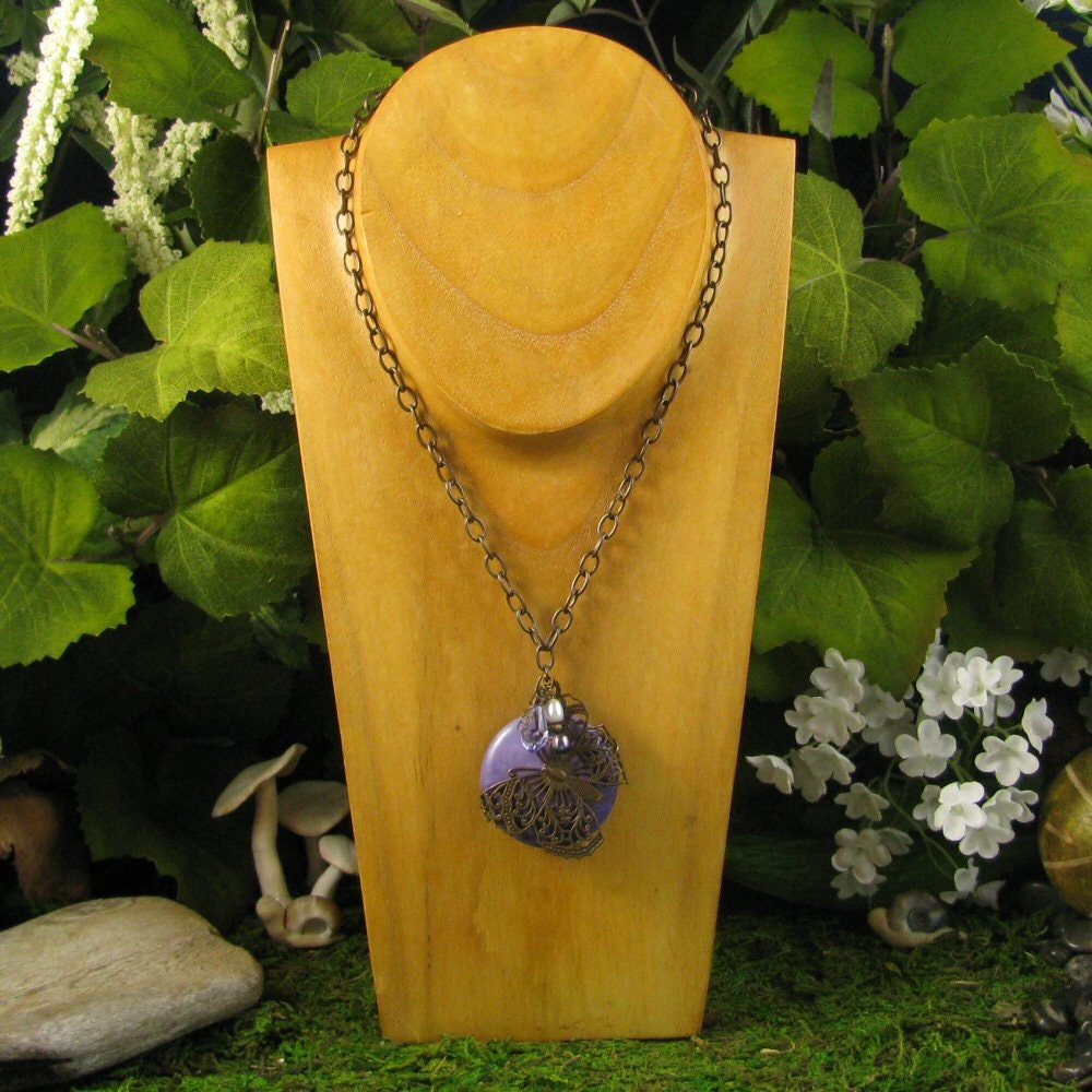 Brass Butterfly Necklace: "Fluttering Amethyst Butterfly"