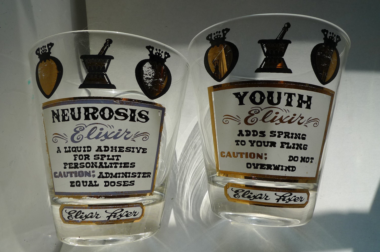 old and neurotic.mod funny rocks glasses Elixir Fixer mid century barware