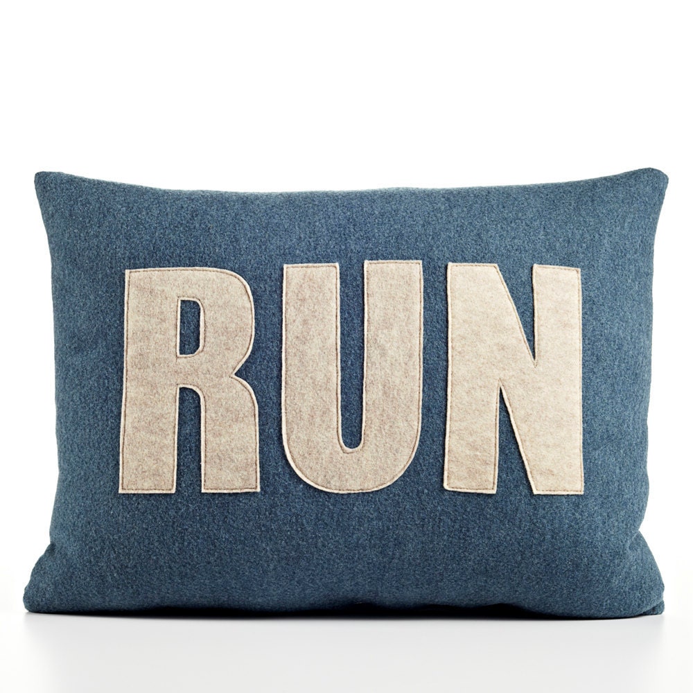 RUN 14" x 18" Recycled Felt Applique Pillow - Denim and Oatmeal