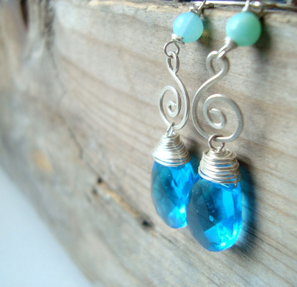 Aqua Briolette and Sterling Wire Spiral Earrings December Birthstone - Selena