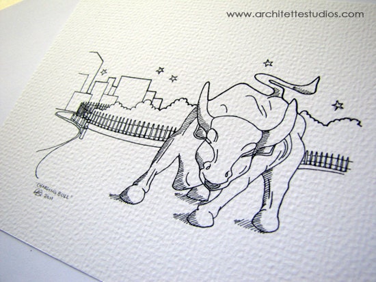 Sketch Series - Wall Street Charging Bull, New York City - Art Print (5 x 7)