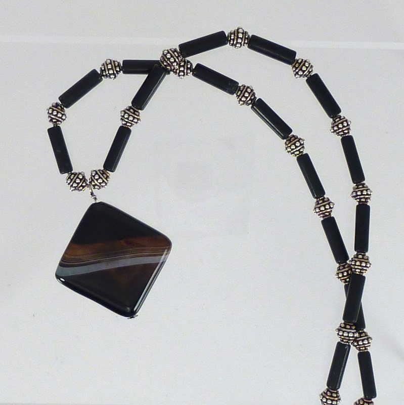 Black White Necklace Sardonyx Pendant Sterling Silver Accents