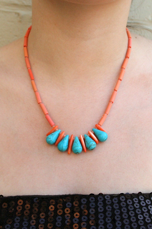 Coral and Turquoise Necklace / Semi-Precious Stones, Pink Shell, Turquoise Blue Howlite Teardrops / "IBIS"