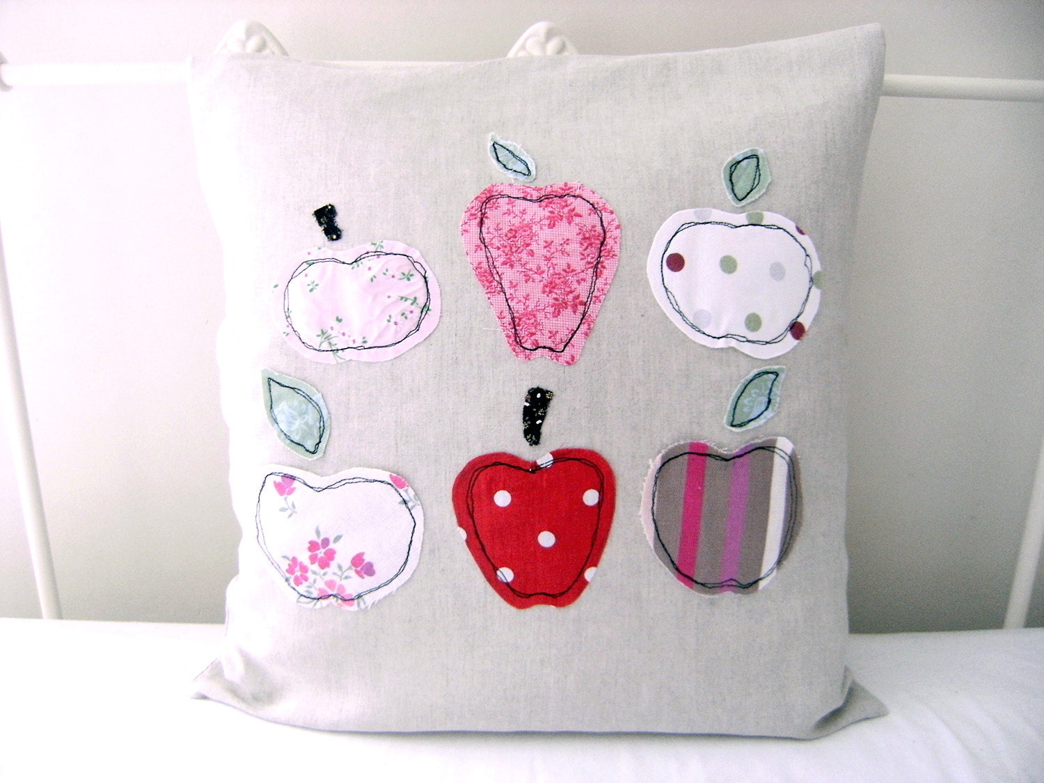 Embroidery Appliqué Pillow Case - 'Apples' cushion cover in red, pink & linen 16 x16