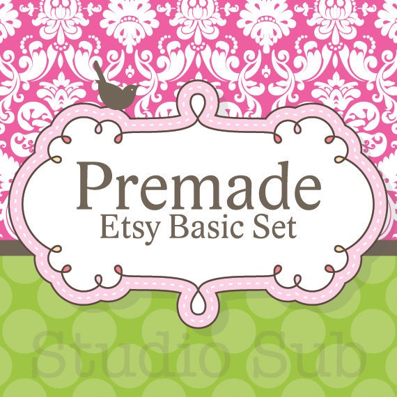Premade Etsy Banner and Avatar Shop Set - Pink Damask and Green Dots