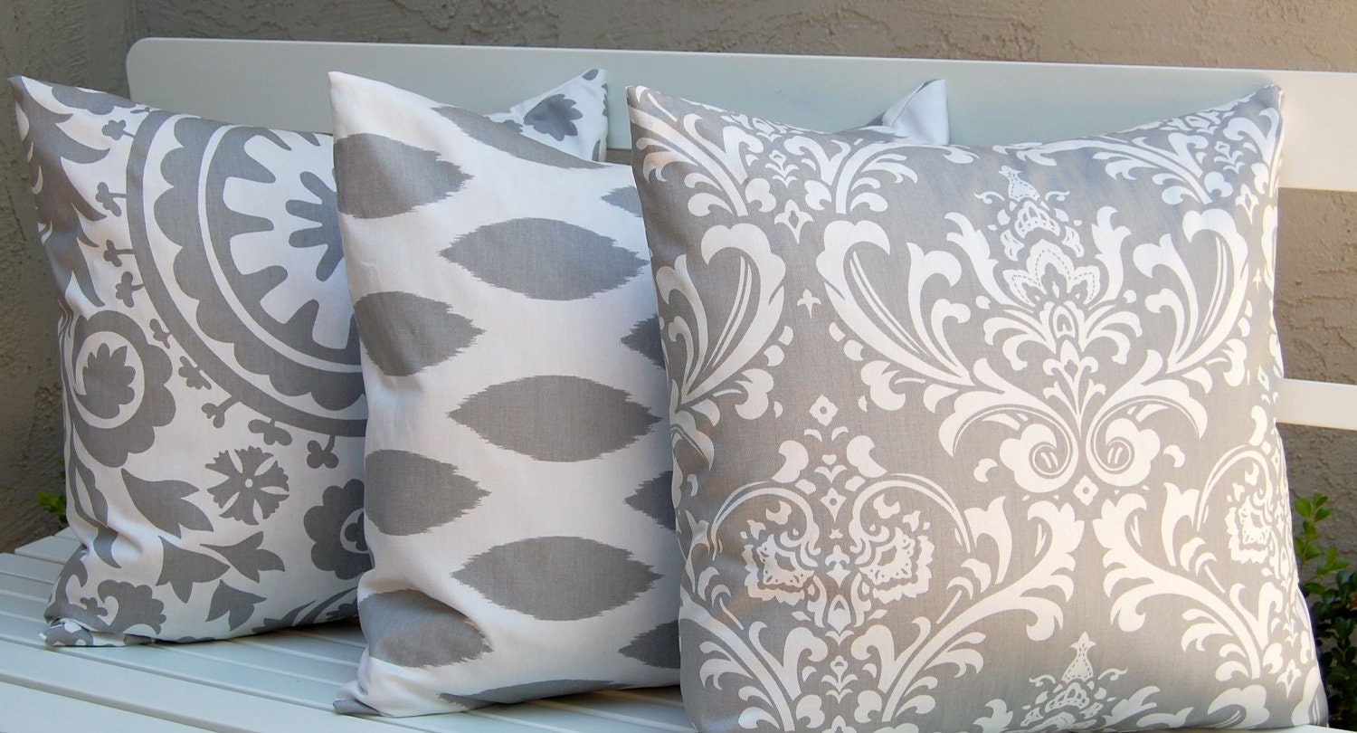 Decorative Pillows, Trio of Suzani and Ikat Decorative Throw Pillow Covers with Three 20 x 20 Inch Pillow Covers in Storm Gray