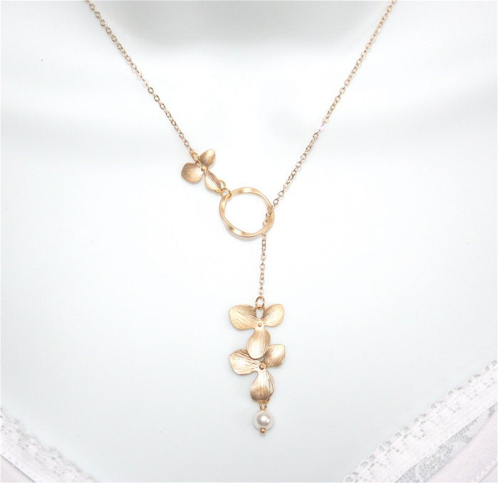 Gold  Orchid Necklace Lariat Flower Necklace with by smilesophie