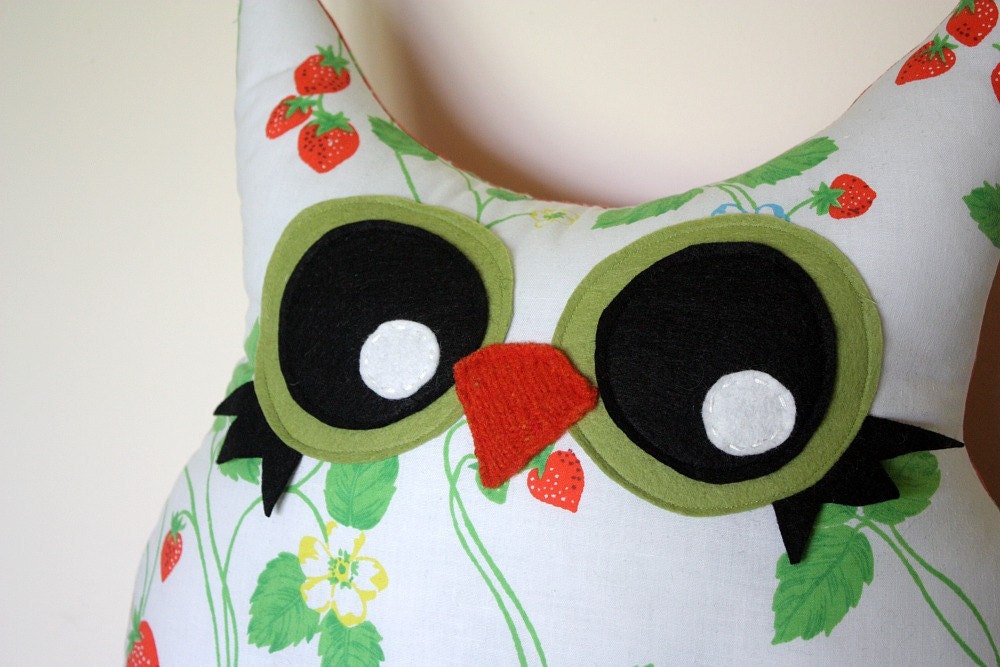 stuffed owl pillow, owl stuffed animal in strawberries- vintage fabric