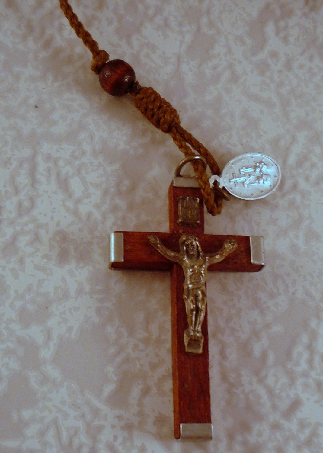 Vintage  glowing Wood beads wood and aluminum  Crucifix   Rosary