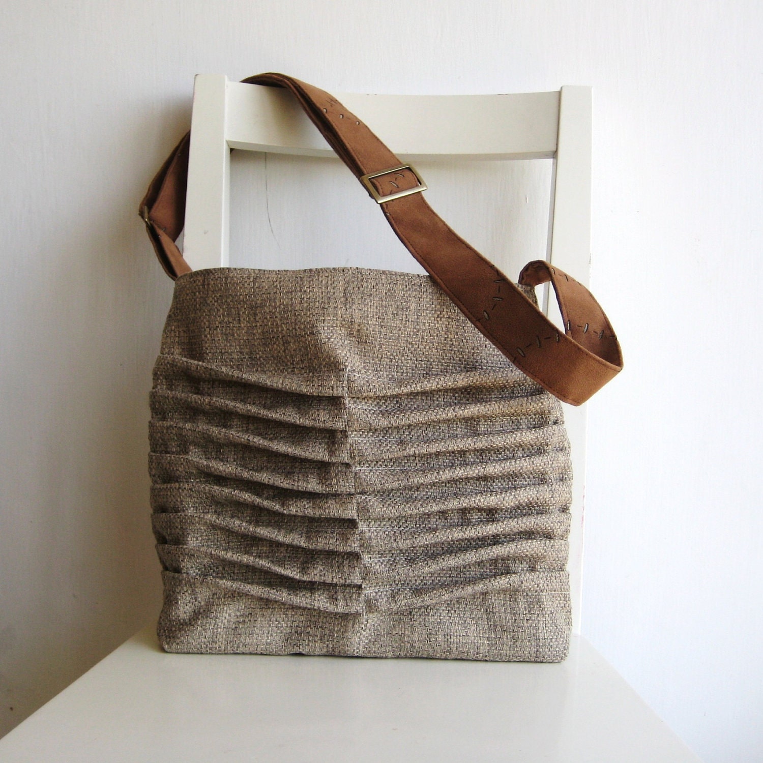 Natural Color Canvas pleated Bag with Cognac/Camel  strap