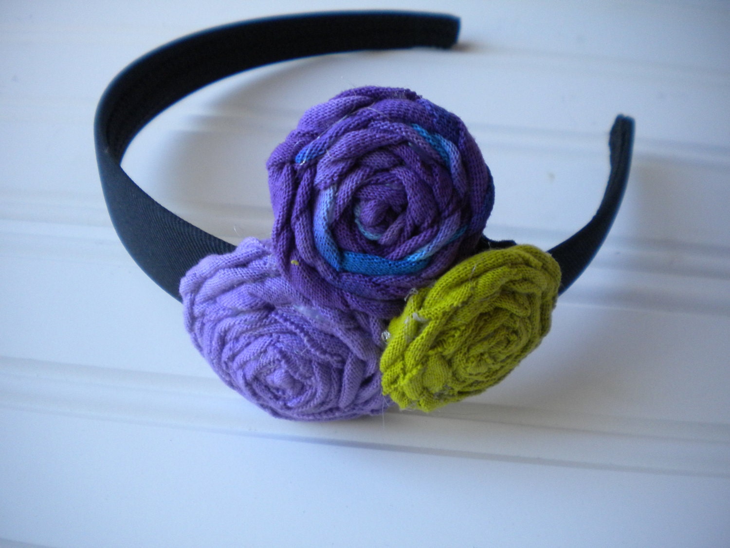 Fabric Rosette Headband - Purple, Tyedye Purple and Blue and Lime Green