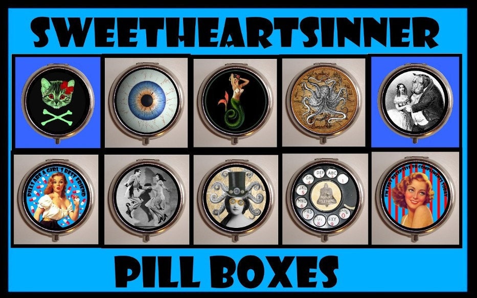 Pirate Kitty Crossbones Kitsch Goth Kawaii Cat Pillbox Pill Box Case Holder for Vitamins Pills
