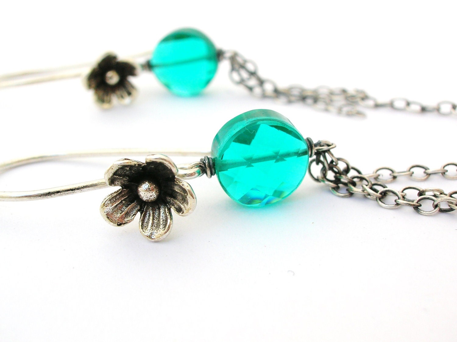 Teal Flower Earrings oxidized silver dark aqua coins by bluebirdss from etsy.com