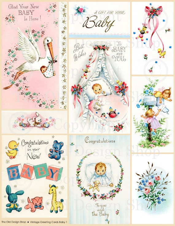 Vintage Retro New Baby Greeting Card Graphics Card Making Scrapbooking Altered Art Digital Download Collage Sheet No. 029
