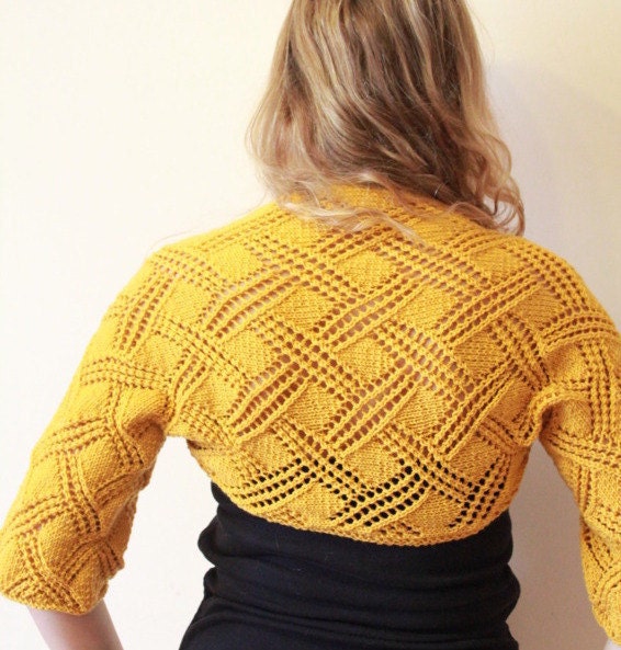 Ladies lacy crossing pattern shrug in Honey