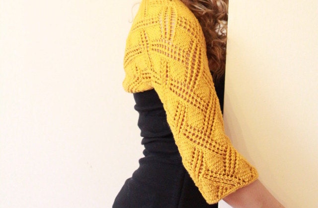 Ladies lacy crossing pattern shrug in Honey
