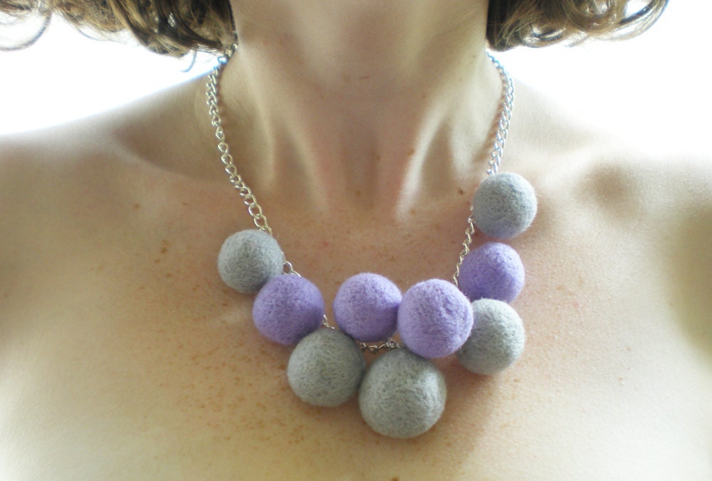 Felt Ball Necklace - Grey & Lavender Sculptured Felt