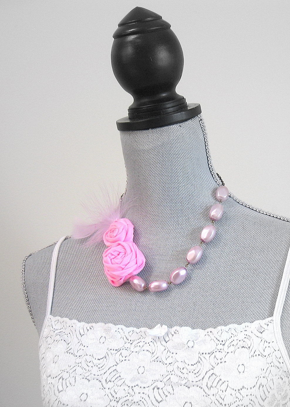 Pink Shabby Rolled Roses Necklace with  Frosted Pink Beads