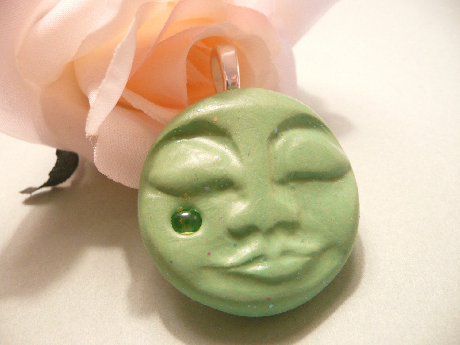 Dreaming Moon Face Pendant green polymer clay jewelry