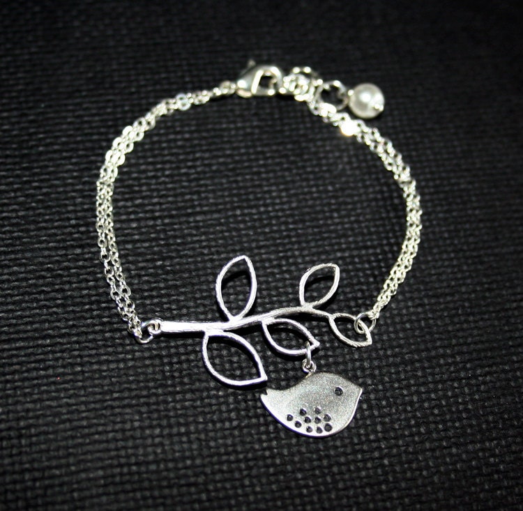 Silver Leaf Branch and Bird Bracelet  Gold by smilesophie on Etsy