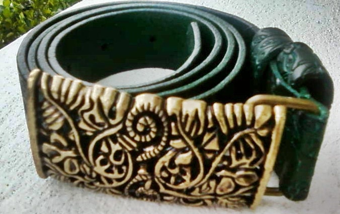SALE dark green carved leather womans belt with brass buckle by g2p