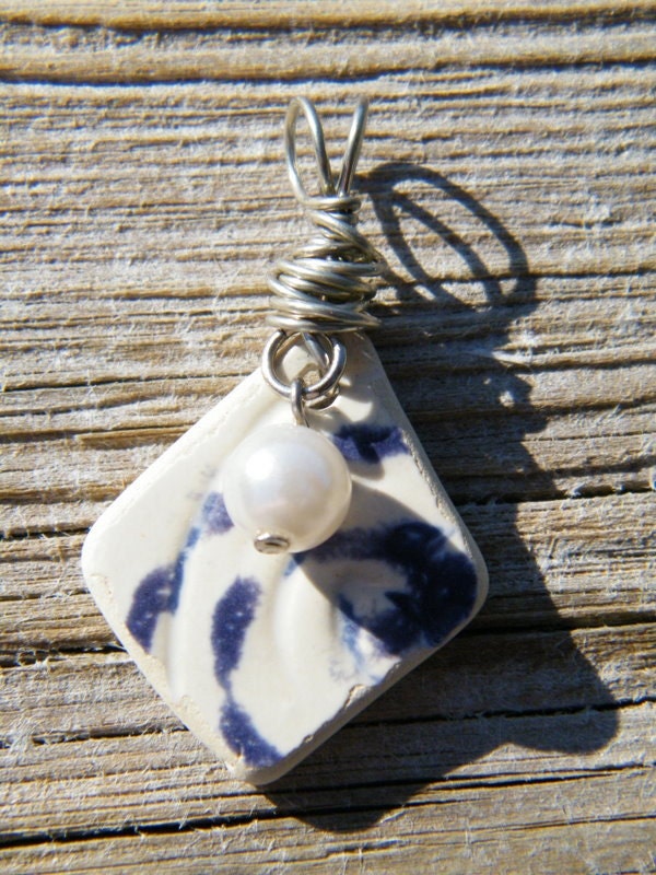 Blue Waves Reinvented Pottery Wire Wrapped Pendant  Seaglass  beach combed