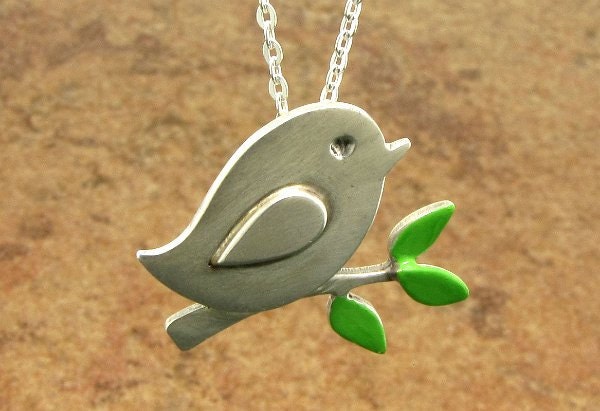 Bird on a branch sterling silver pendant with chain