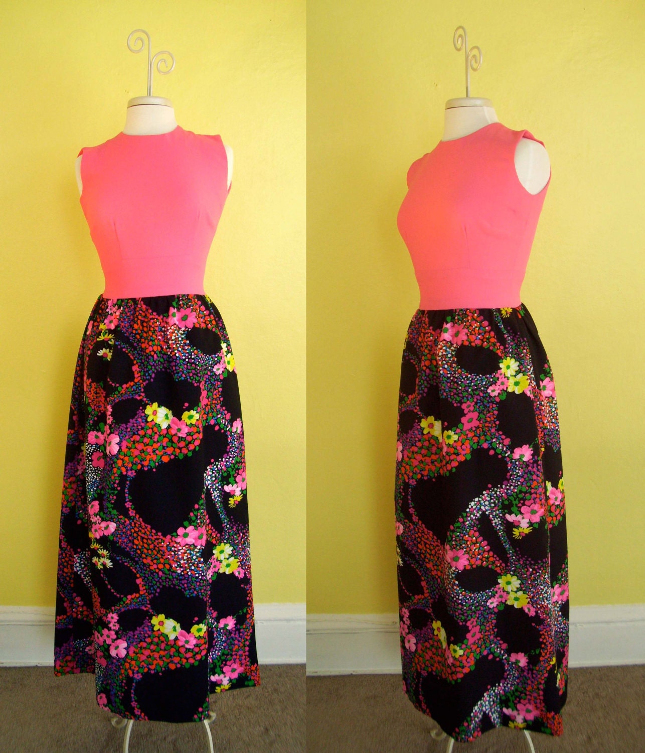 1970s Pink and Bright Floral Polyester Maxi Dress Size 2 Vintage